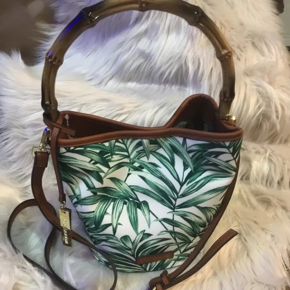 Enzo Angiolini Handbags - Green Leaf Print Bucket Tote Bag Bamboo Leather